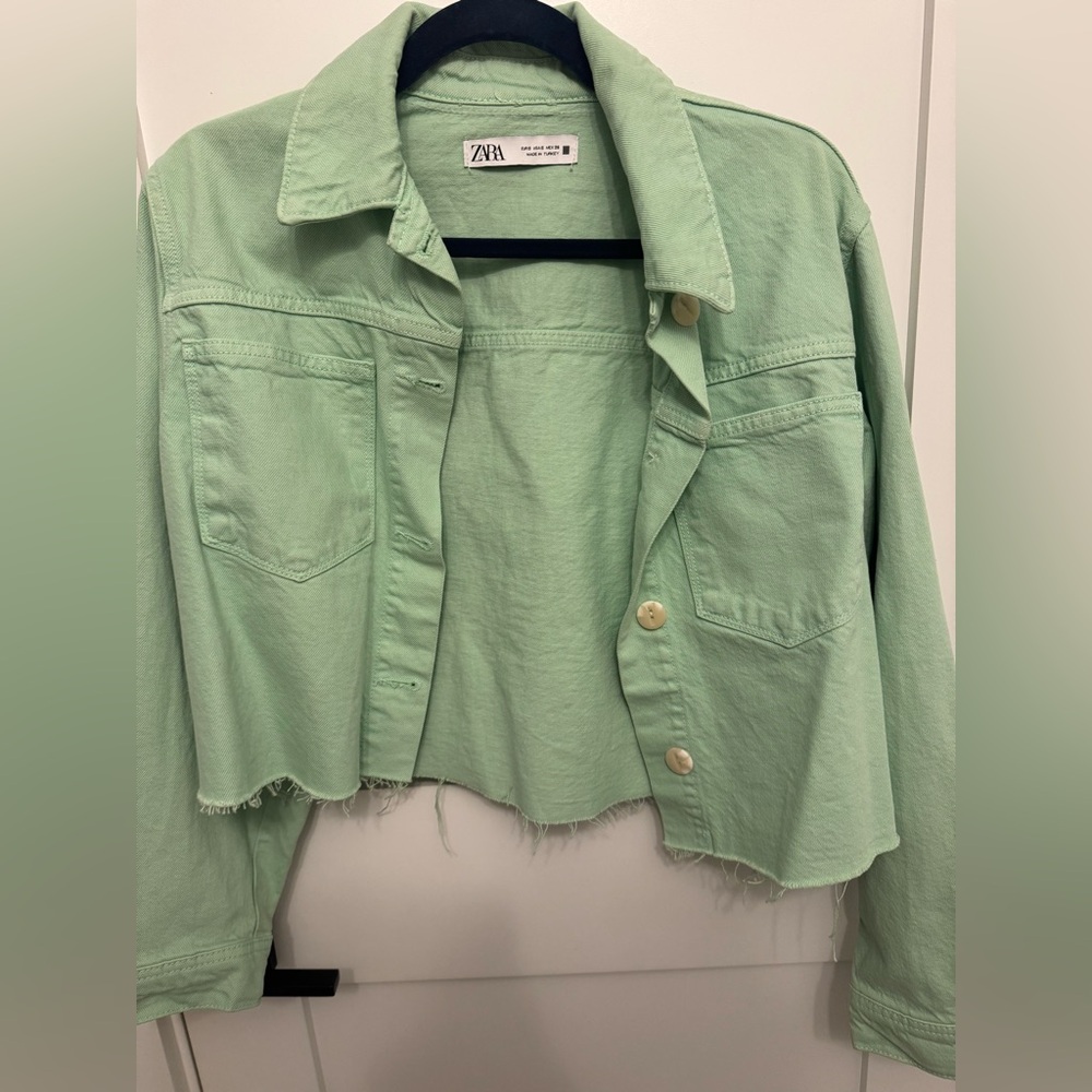 Zara Mint Green Cropped Jean Jacket